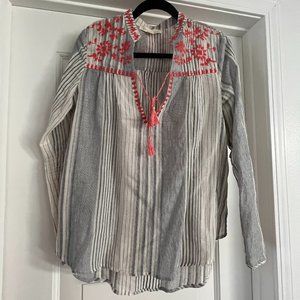 Lovestitch Boho Stripe Embroidered Tie Neck Top